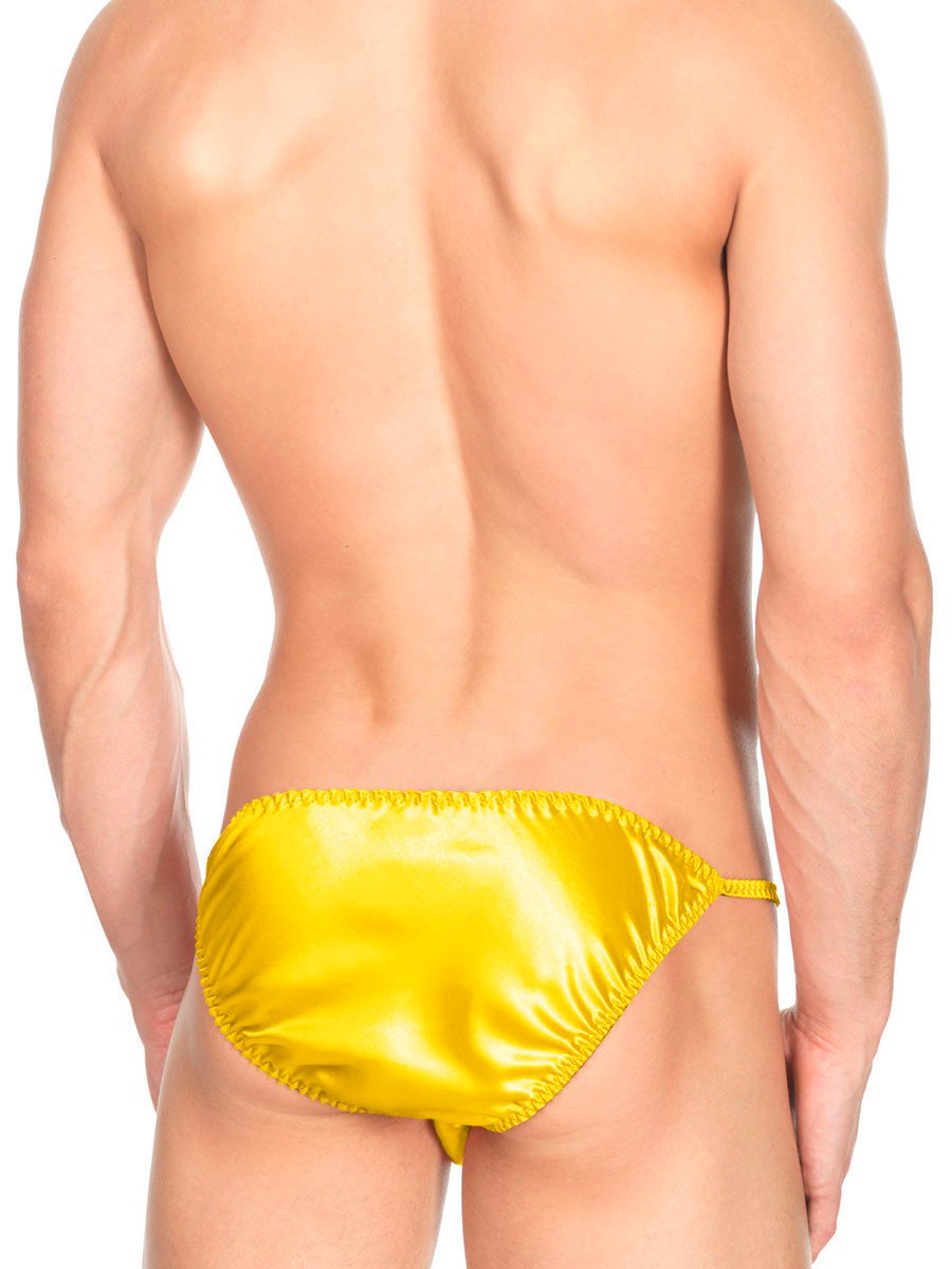 Men's gold shiny satin ruffle string tanga underwear