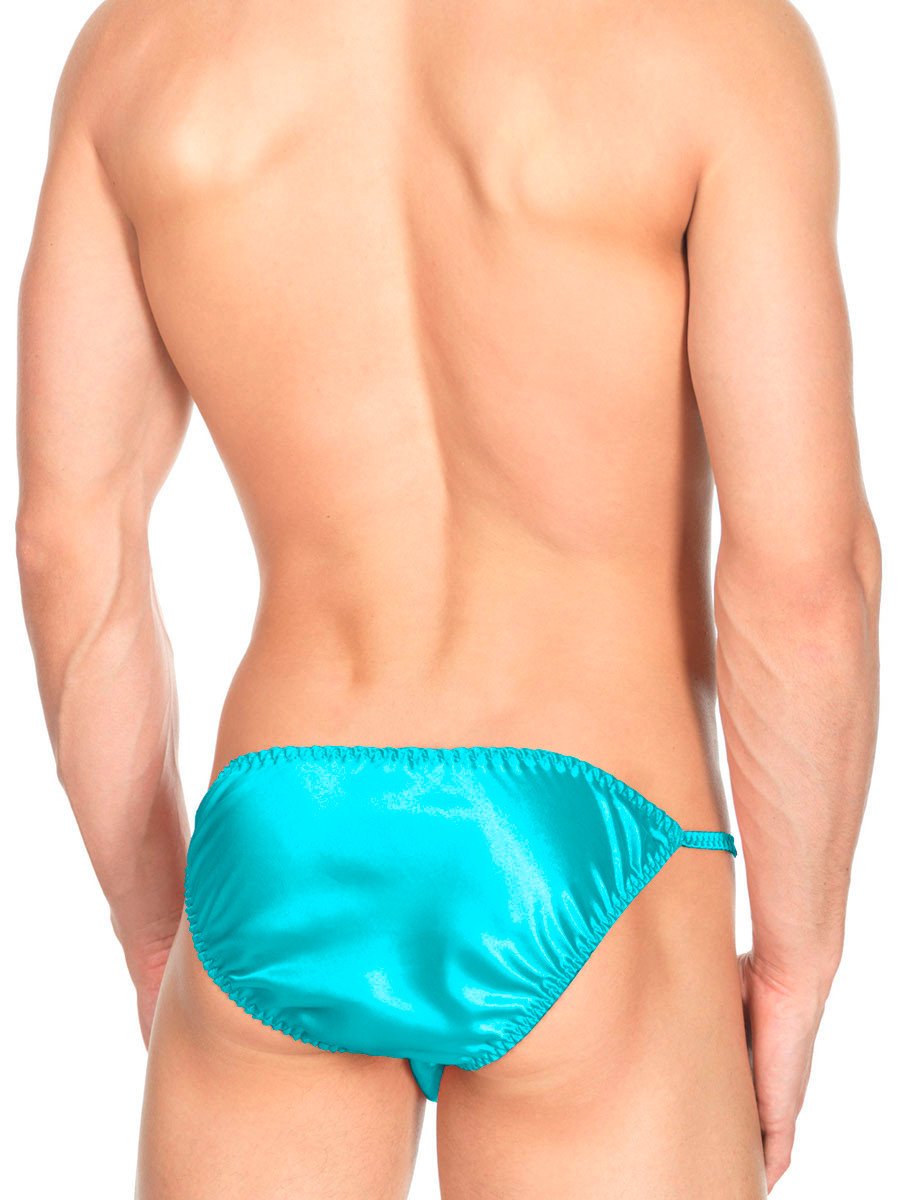 Men's blue shiny satin ruffle string tanga underwear