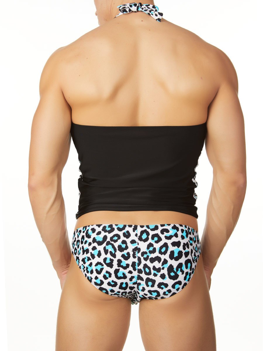 Men's aqua and black leopard print swim tank top